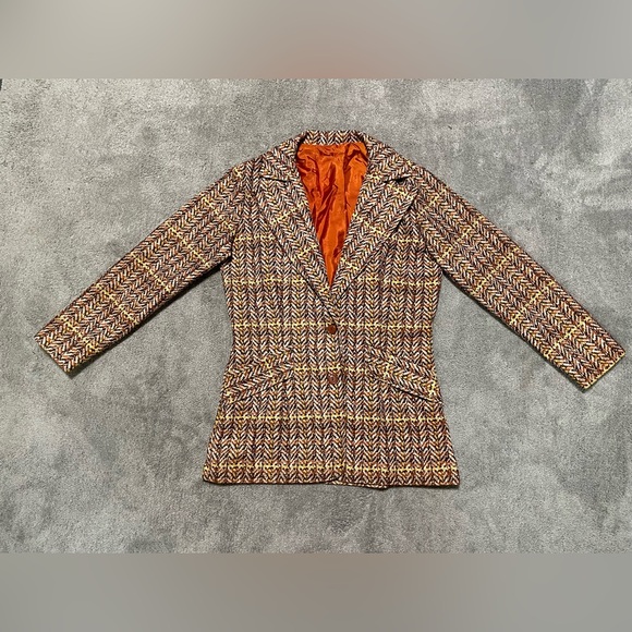Vintage 70s Women’s Herringbone Blazer Tweed Size Small Orange Brown Cream - Picture 1 of 9